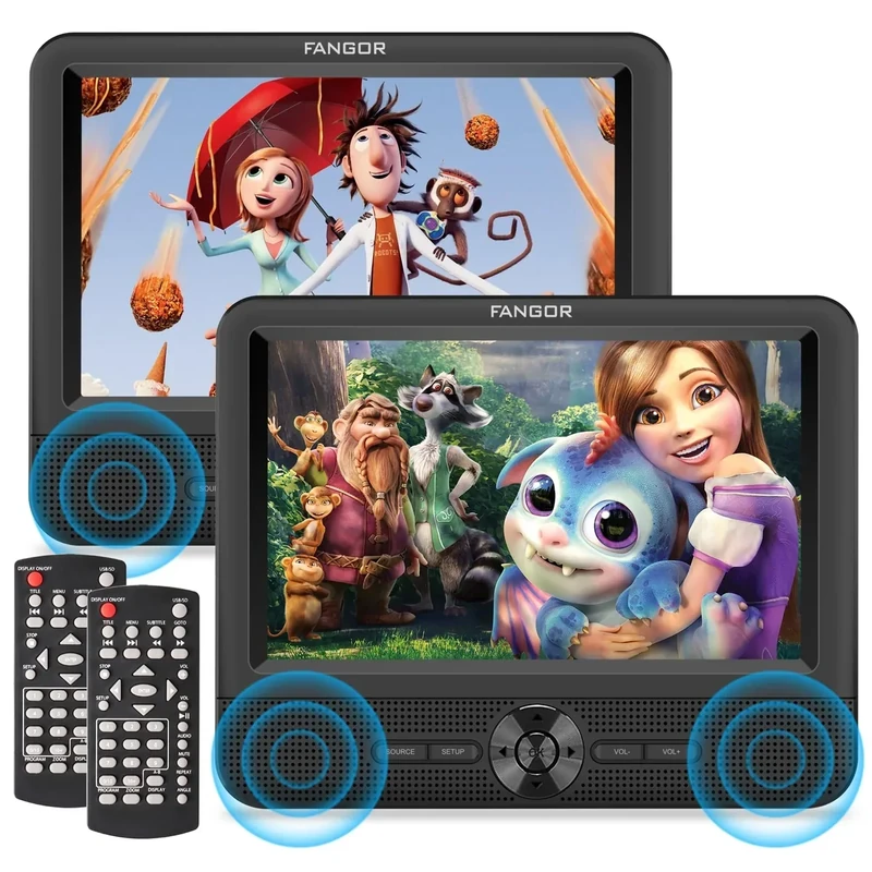 FANGOR 7.5" Car DVD Player, Portable DVD Player for Car Play a Same or Two Different Movies with Headrest Strap, Support Last Memory, AV Out&in,USB/SD/Sync TV