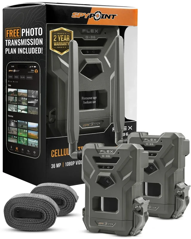 SPYPOINT Flex G-36 Twin Pack Cellular Trail Camera, 36MP Photos and 1080p Videos with Sound, GPS Enabled, Dual-Sim LTE Connectivity, 100' Flash & Detection Range, Responsive Trigger up to .3S