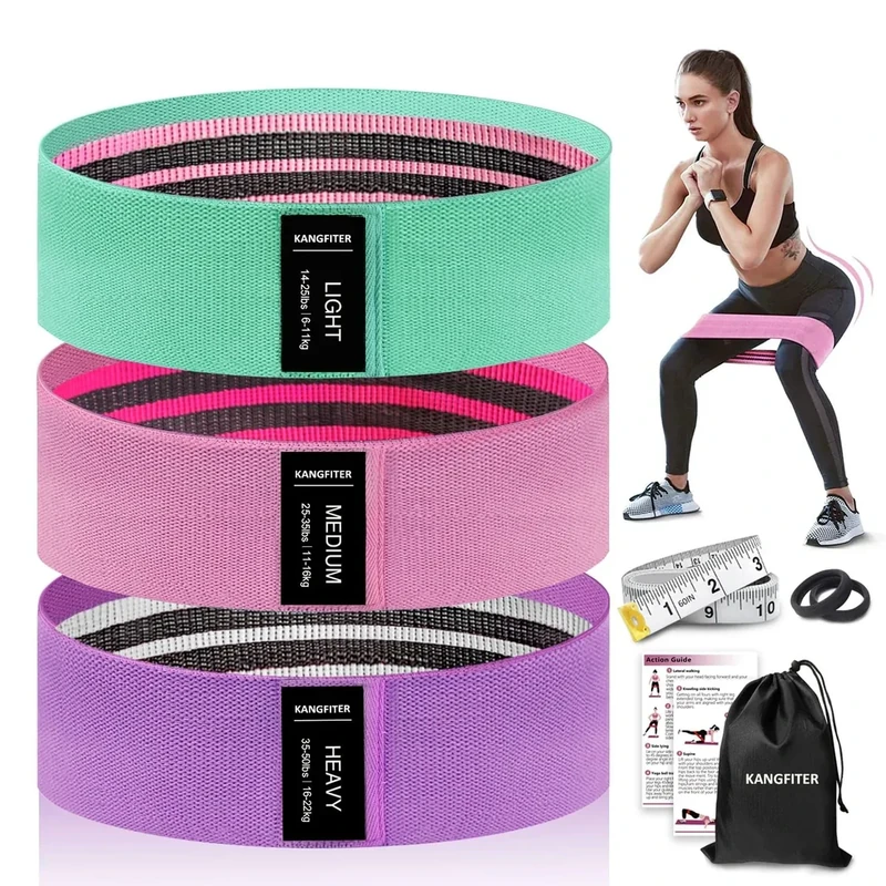 KANGFITER Non-Slip Fabric Resistance Bands for Working Out, Loop Exercise Bands for Booty Leg, Butt, Glute, Workout Bands with Tape Measure and Hair Ties for Home Gym Fitness, Yoga, Pilates