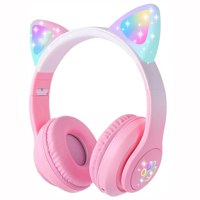 HOYJACY Cat Ear Bluetooth Headphones - LED Light, Wired/Wireless Pink