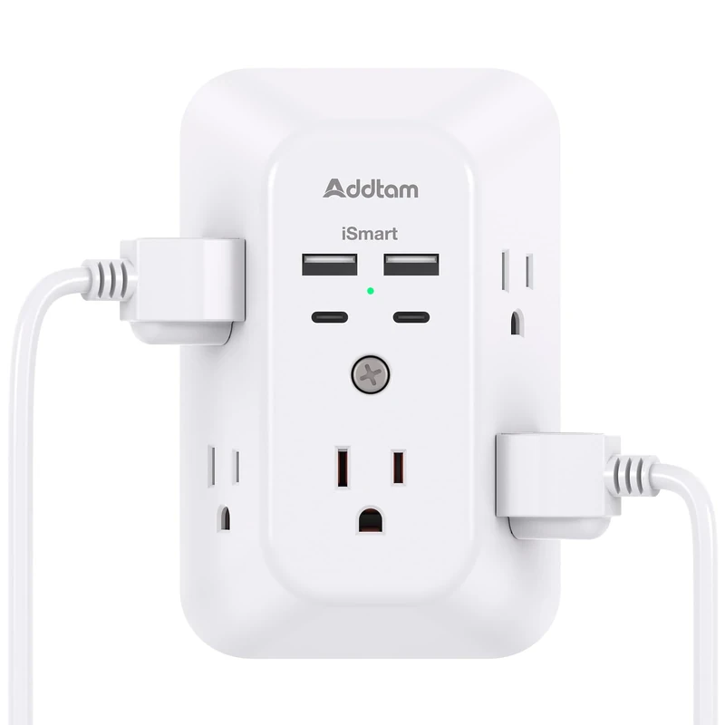 Addtam 5-Outlet Protector with 4 USB (2 USB-C) - Plug Power Strip
