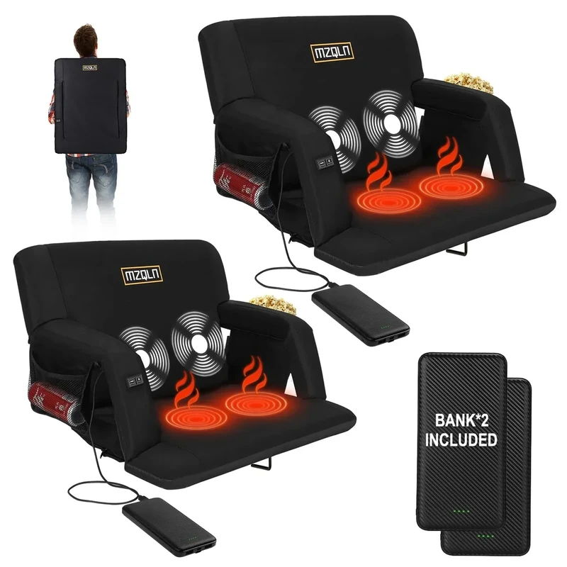 MZQLN Heated Massage Stadium Seats Pack of 2, 25 Inche Folding Bleacher Chair with 10000mAh Portable Power*2, 3 Levels of Heat&Massage, 6 Reclining Positions for Camping, Sports