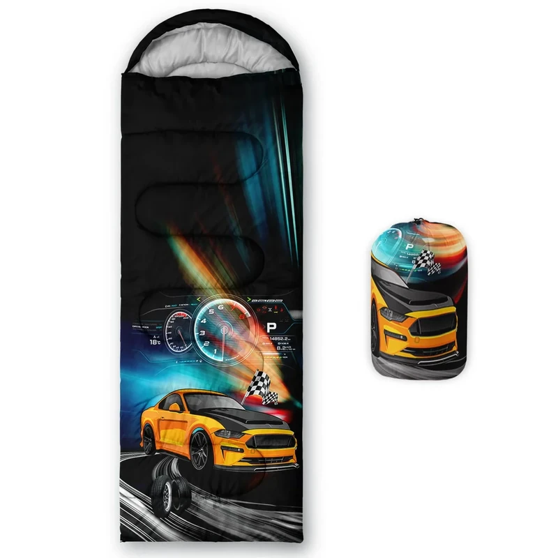 Axolotl Yellow Racing Car Sleeping Bag for Boys Kids–Lightweight Warm Cold Weather Sleeping Bags,Waterproof Portable Sleeping Bag with Compression Sack for Camping Backpacking Hiking Outdoor Indoor