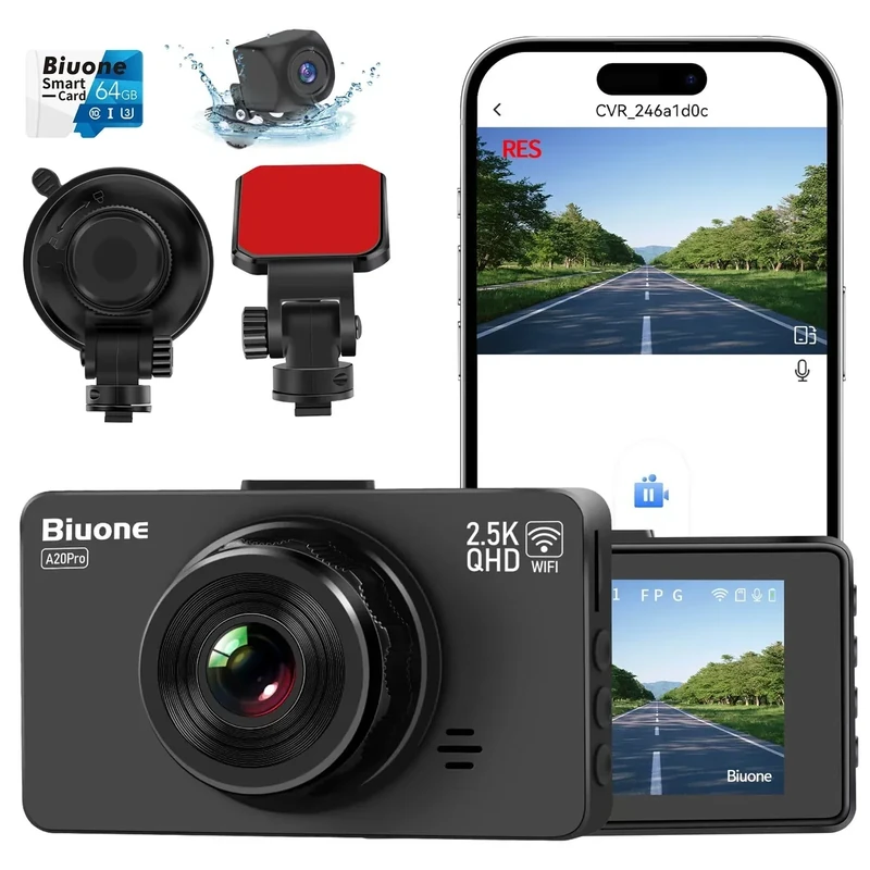 Dash Cam Front and Rear Dash Camera WiFi/APP Control Car Camera with 64G Card 2.5K Front Dash Cam+1080P Rear Dashcams with Super Night Vision, Loop Recording, G-Sensor