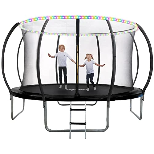 JoyBerri Upsurge Trampoline Outdoor - ASTM Certified Safe 8Ft 10Ft 12Ft 14Ft 15Ft 16Ft Recreational Trampoline for Kids and Adults. Anti-Rust Coating with Enclosure Net, Ladder, Sprinkler & LED Lights