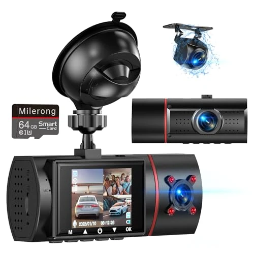 3 Channel Dash Cam Front and Rear Inside with 64GB Card,Milerong 1080P Dash Camera for Cars,Dashcam Three Way Triple Car Camera with IR Night Vision,Loop Recording,G-Sensor,24H Parking Mode…