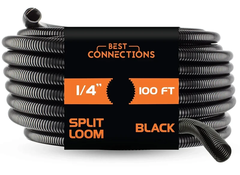 BEST CONNECTIONS (1/4" x 100 ft) Split Wire Loom Flex-Guard Convoluted Tubing Protective Split Cable Sleeves for Automotive Home Industrial Electrical Wires Chemical Resistant Conduit Black