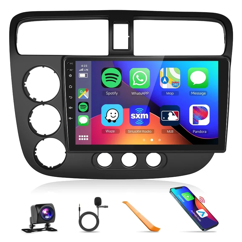 Built-in DSP Car Stereo Radio for Honda Civic 2001 2002 2003 2004 2005 with Wireless CarPlay Android Auto MirrorLink Podofo 9 inch HD IPS Touch Screen Bluetooth GPS WiFi Backup Camera Mic