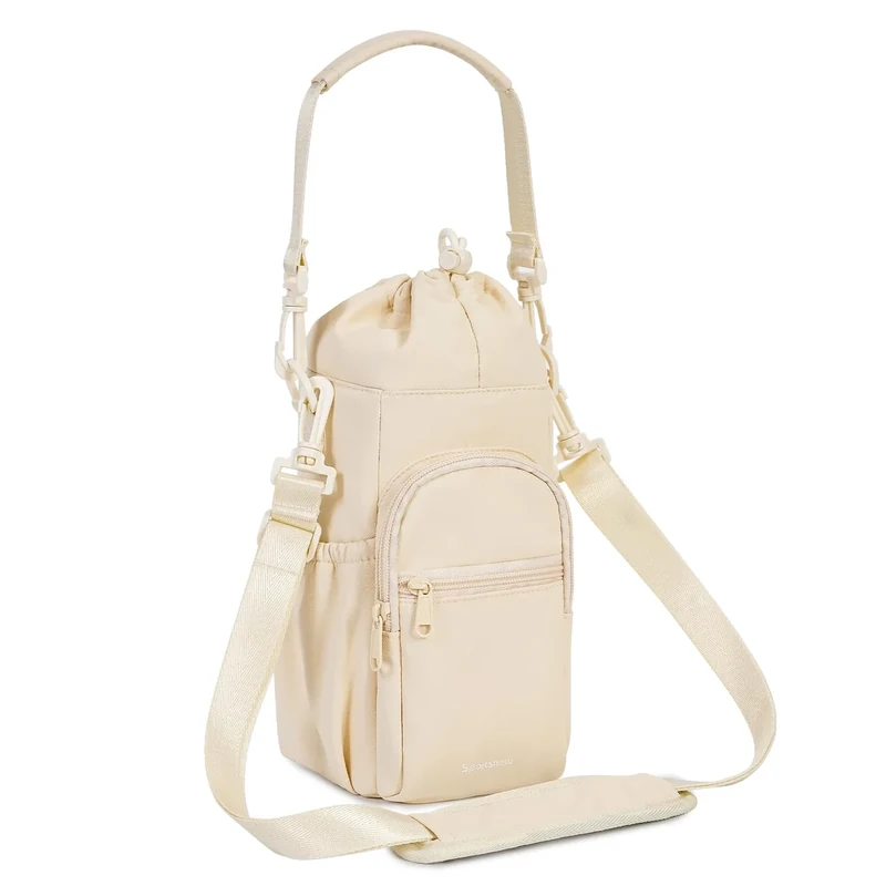 sportsnew Water Bottle Holder with Strap 32oz 40oz Insulated Water Bottle Carrier Sling Bag with Phone Pocket Tumbler Bag Cup Sleeve Crossbody Pouch for Walking Hiking Travelling Carrying, Beige