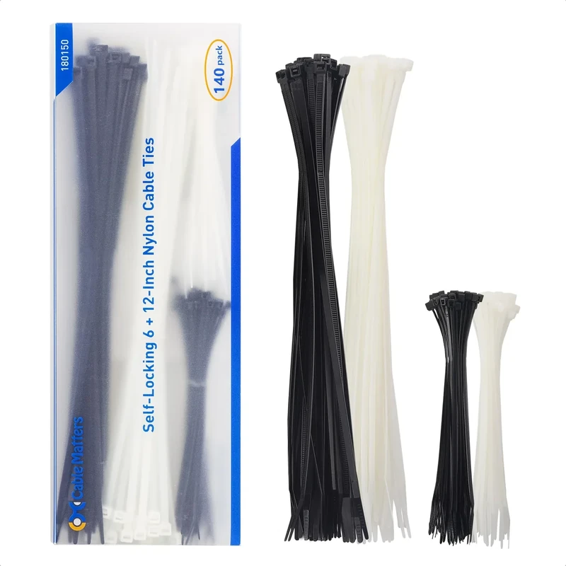 Cable Matters 140-Pack Zip Ties - 6" & 12" Nylon, Black & White