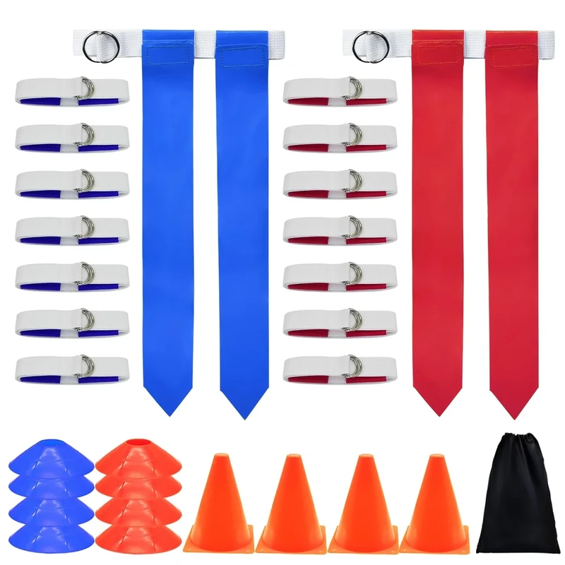 Flag Football Set, 14 Player Football Flags and Belts Set, Includes 14 Belts, 28 Football Flags, 4 Cones, 8 Disc Cones (14 Players)