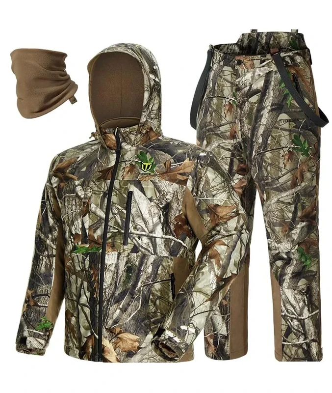 TIDEWE Hunting Clothes for Men with Face Mask, Silent Waterproof Hunting Jacket and Adjustable Bibs, Insulated-Lined, Safety Strap Compatible (Next Camo G2 Size 3XL)