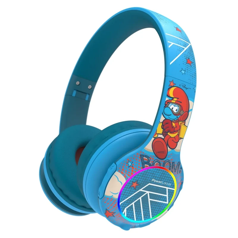 PowerLocus The Smurfs Kids Headphones, Bluetooth Headphones Over Ear for Kids with LED Lights, 74/85/94dB Volume Limited, Micro SD/TF, Foldable with Hi-Fi Stereo, Built-in Mic for School/Tablet/Travel