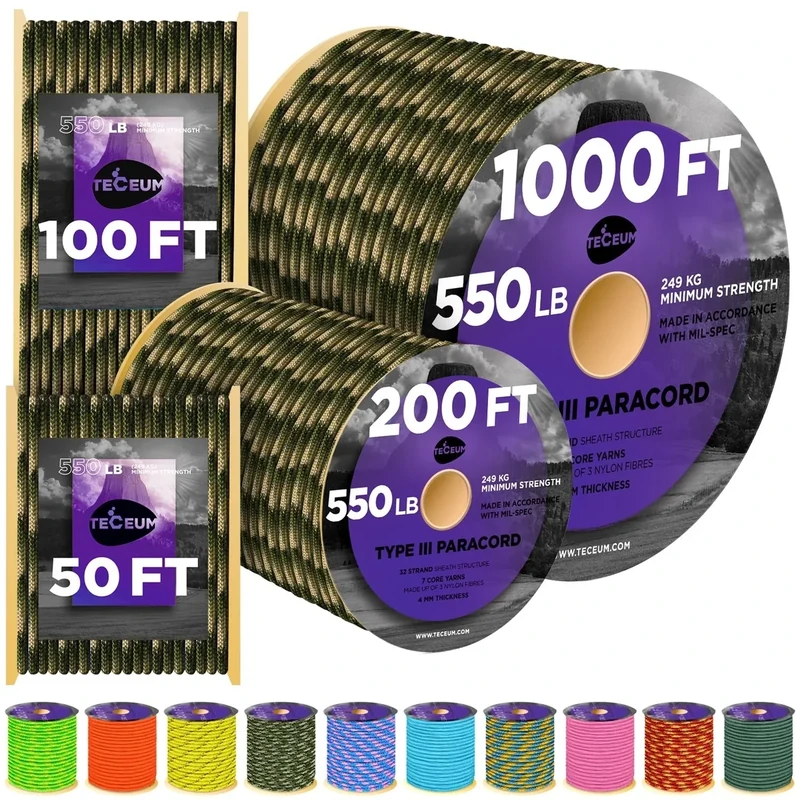 TECEUM Paracord Type III 550 Forest Camo – 1000 ft – 4mm – Tactical Rope MIL-SPEC – Outdoor para Cord –Camping Hiking Fishing Gear and Equipment – EDC Parachute Cord – Strong Survival Rope 790b