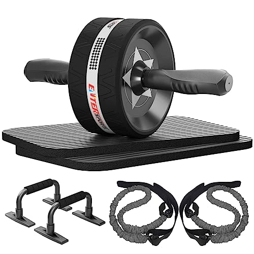 EnterSports Abs Roller Wheel, 6-In-1 Ab Exercise Wheels Kit with Resistance Bands, Knee Mat, Push-Up Bar, Home Gym Fitness Equipment for Core Strength Training（grey）
