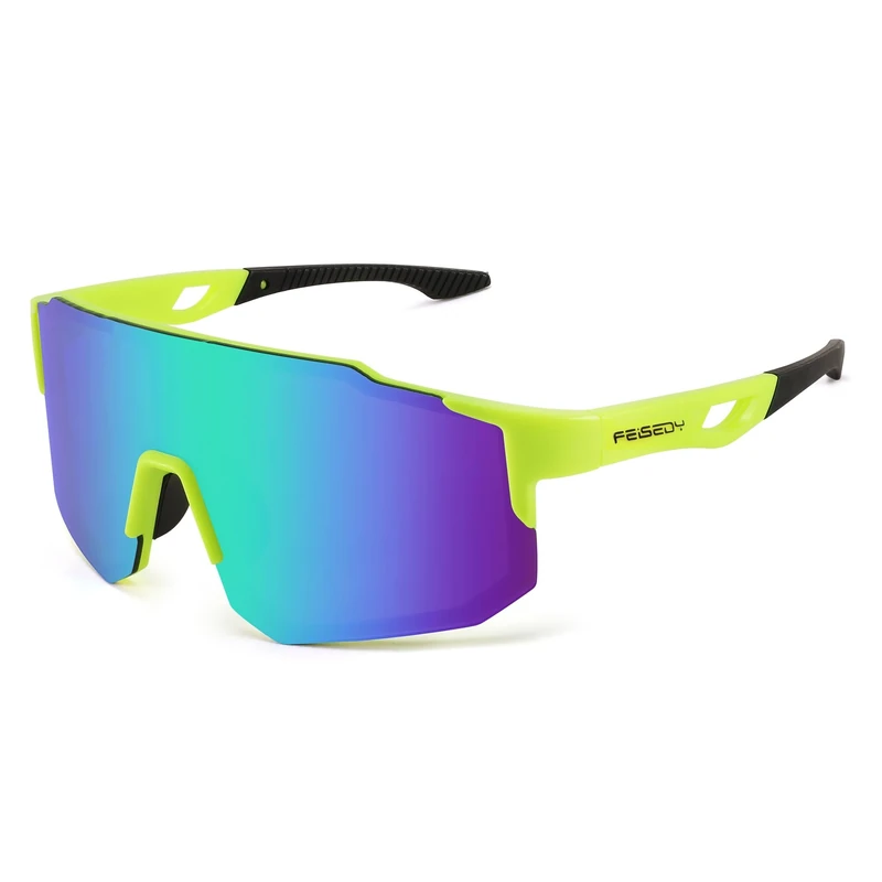 FEISEDY Sport Sunglasses Mens Women Cycling Mirrored Sports Goggles for MTB Road Bike Hiking Running UV400 Protection B2388, 75mm, Fluorescence Green