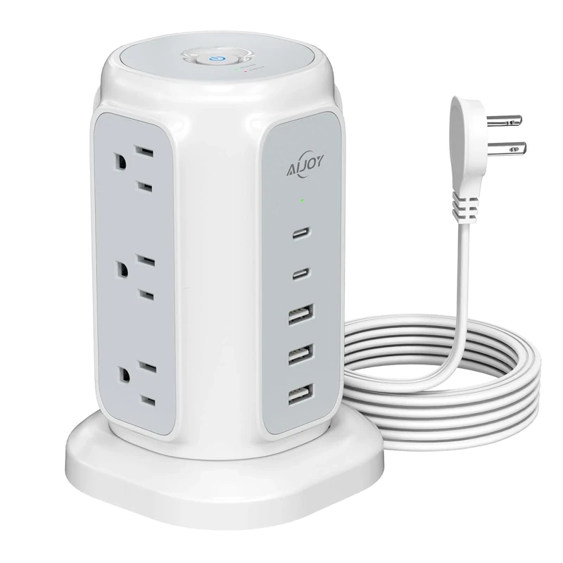 AiJoy Flat Plug Power Strip Tower - 9 Outlets, 5 USB (2 USB-C) 1200J 1625W