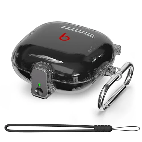 [Safety Lock] for Beats Fit Pro Case Cover,3 in 1 Cleaner Kit for Beats Fit Pro 2021,Accessories with Anti-Lost Keychain/Silicone Wrist Strap(Clear Black)