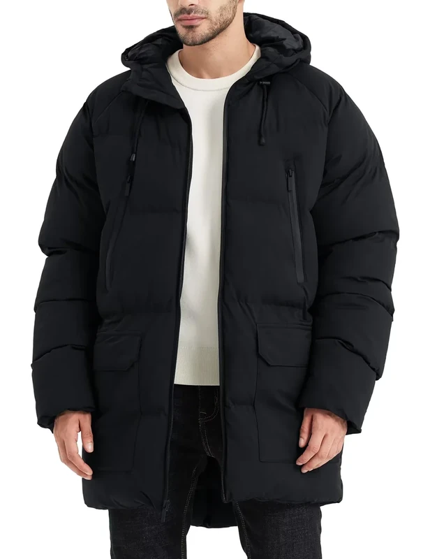 Rejork Men's Long Winter Coat Hooded Warm Quilted Jacket Water-resistant Cold Weather Parka Black XL