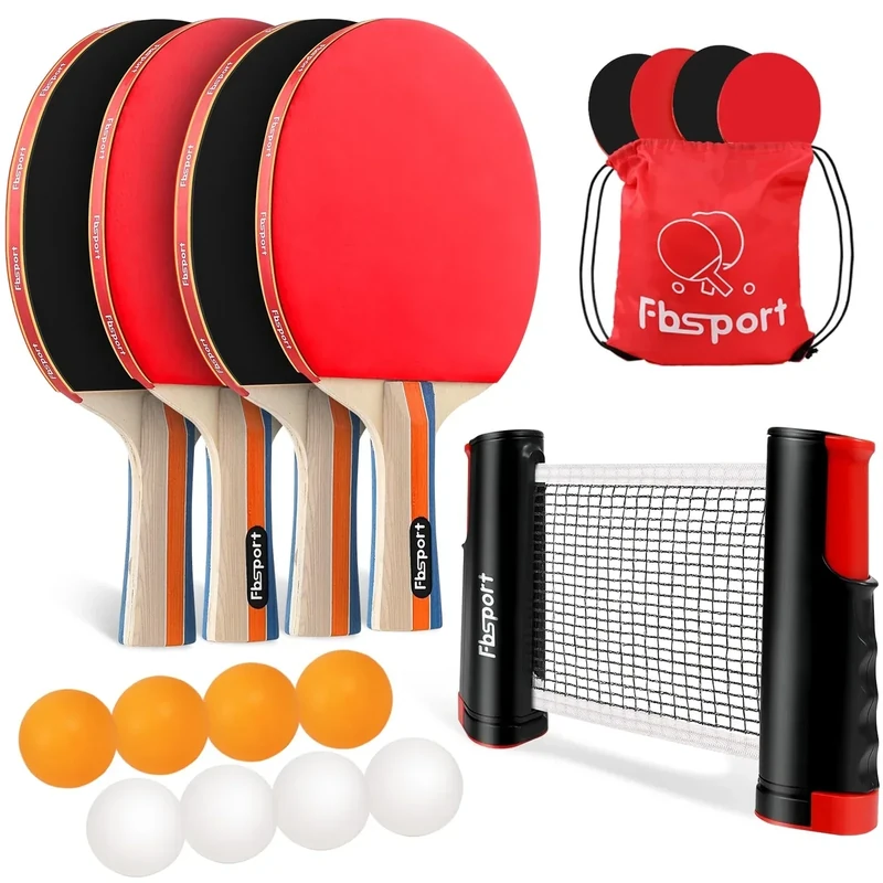 FBSPORT Ping Pong Paddle Set, Table Tennis Set with 4 Rackets and 8 Balls, Retractable Net with Storage Bag - Pingpong Paddle Accessories for Indoor/Outdoor Games