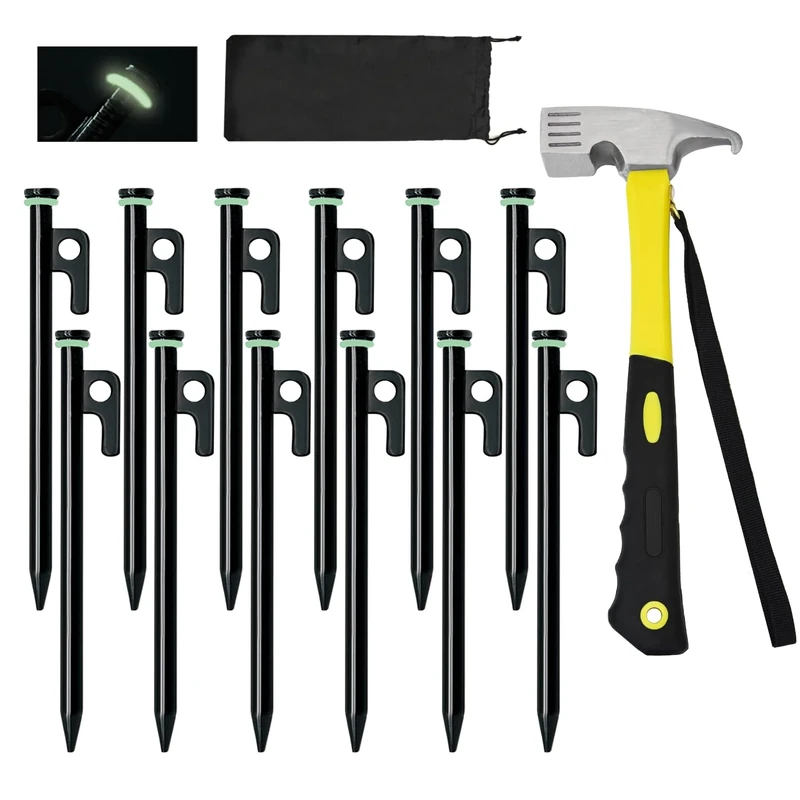 12 Pack Tent Stake with Hammer, 8in Heavy Duty Tent Stakes + 10in Camping Hammer+Storage Pouch, Forged Steel Stakes for Camping Used on Rocks