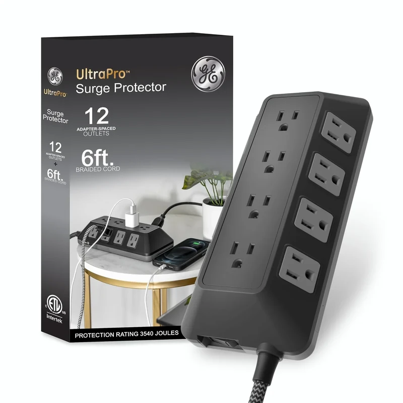 GE UltraPro Adapt 12-Outlet Surge Protector, 6ft Braided Heavy Duty Extension Cord, Flat Plug Power Strip, 3540 Joules, Black, 74542