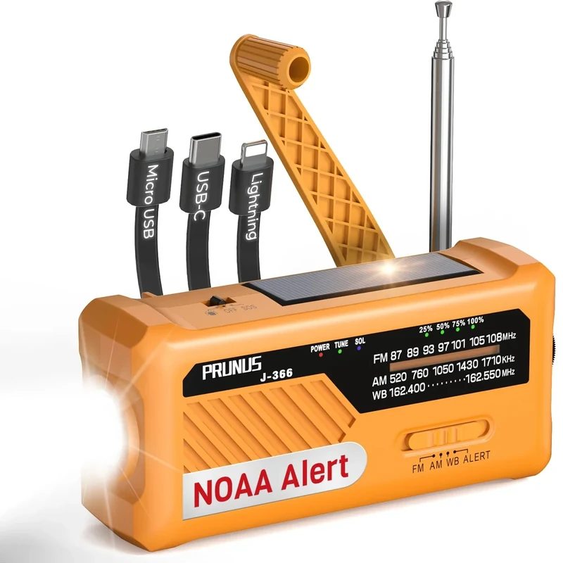 PRUNUS J-366 Winter Storm-Ready Emergency Radio- NOAA Weather Alert, 3-in-1 Charging Cables, 5-Way Power(7400mWh/AAA Battery/Hand Crank/Solar/USB-C), AM/FM, SOS Alarm, Flashlight, Compact for Bag