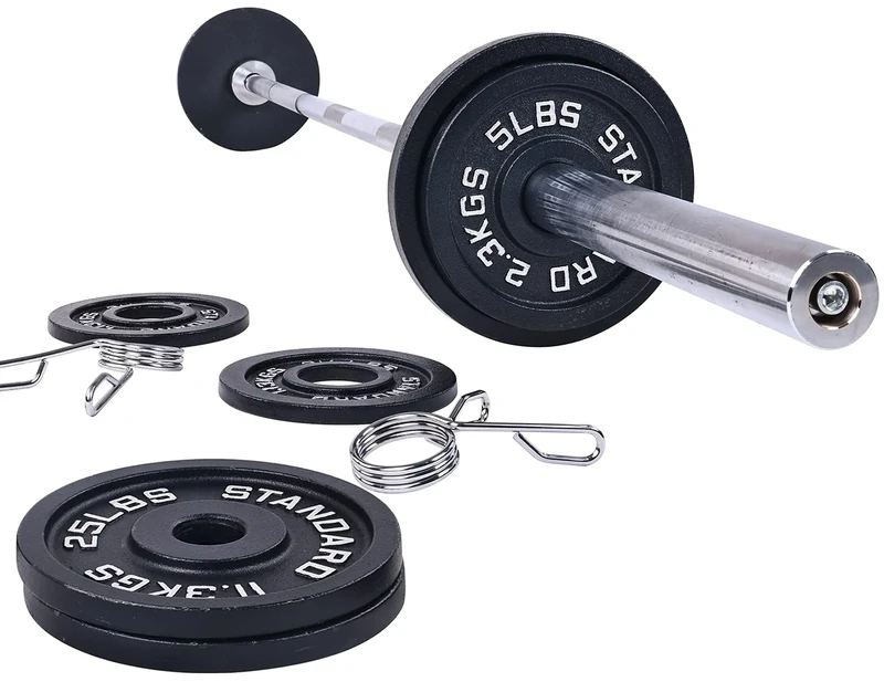 Signature Fitness Cast Iron Olympic 2-Inch Weight Plates Including 7FT Olympic Barbell, 130-Pound Set (85 Pounds Plates + 45 Pounds Barbell), Multiple Packages, Style #1