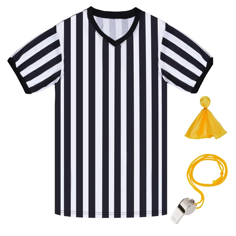 obmwang Referee Shirt for Womens and Mens, Black and White Stripe Umpire Jersey V Neck Ref Uniform for Football Halloween