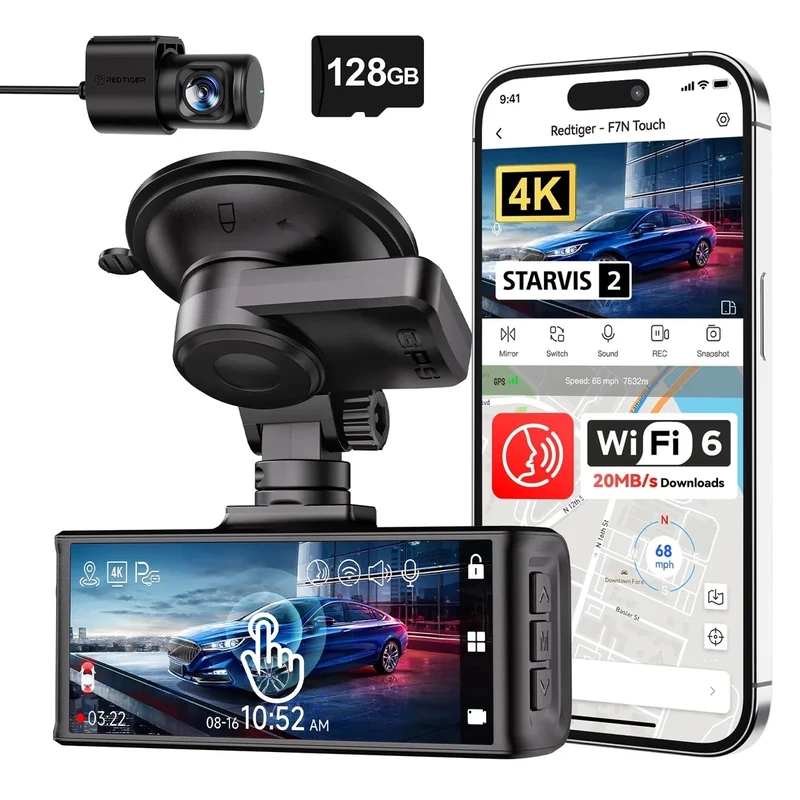 REDTIGER 4K Dual Front/Rear Dash Cam - 3.18" Touch, WiFi, GPS, 128GB