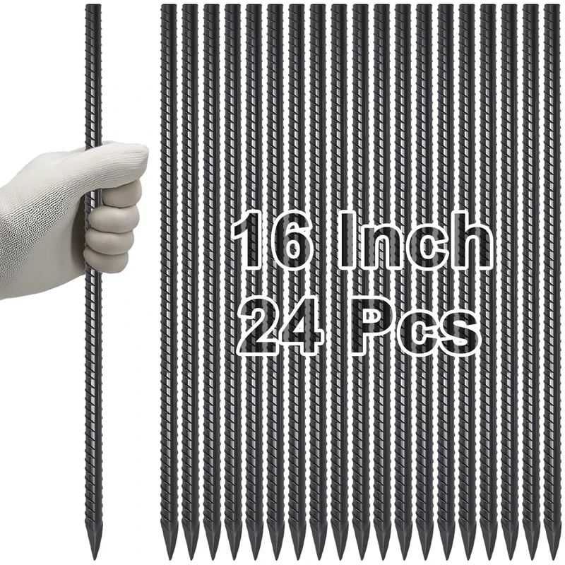 VVOKGO Rebar Stakes 16 Inches Ground Concrete Form Stakes (24pcs), Straight Metal Spikes Heavy Duty with Chisel Point End, 5/16" Diameter Steel Anchors for Fence, Concrete Timber, Garden Plants, Black