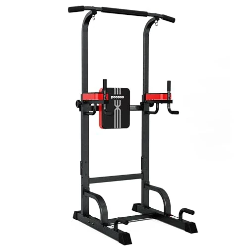 Pooboo Power Tower Dip Station Pull Up Bar for Fitness Home Gym Workout,Multi-Function Adjustable Height Fitness Strength Training Exercise Equipment,with Power Elastic Ropes