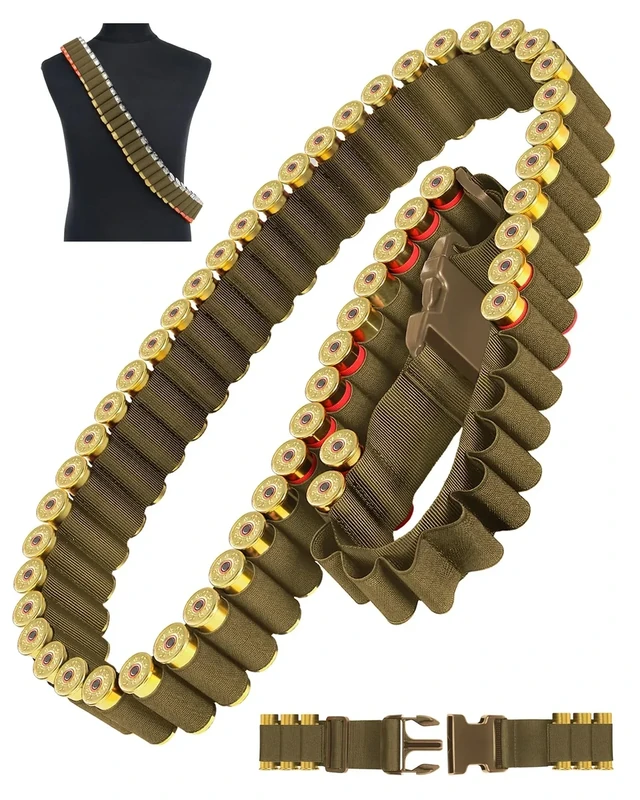 Tyseam 60 Round Adjustable Shotgun Shell Bandolier with Quick Release Buckle, 12/20 Gauge Shotgun Shell Holder Holds 60 Shotgun Shells for Hunting (Khaki)
