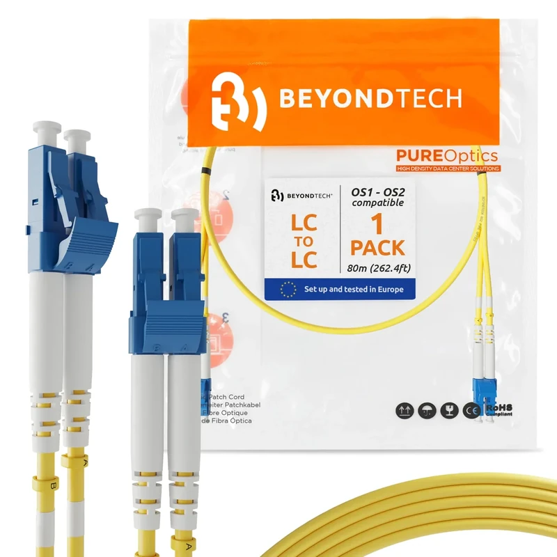 BEYONDTECH 80m (262.4ft) LC to LC Fiber Patch Cable – (1 Pack) UPC Single-Mode Duplex Fiber Optic Cable – 9/125µm core, Compatible with OS1 – LSZH PUREOptics Series