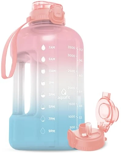 AQUAFIT 1 Gallon Water Bottle with Time Marker - Straw & Chug Lid - BPA Free Gym Water Bottle with Straw - Big Gallon Jug (Serenity, 128 oz - 2in1 Lid)