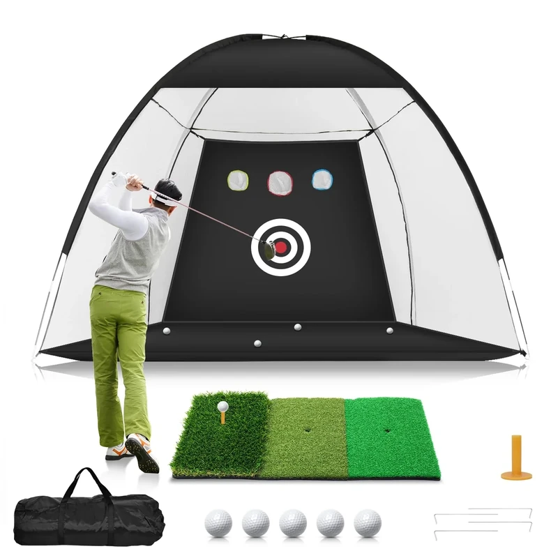 Guecar Golf Net, 10x7ft Golf Practice Net with Tri-Turf Golf Mat, All in 1 Home Golf Hitting Aid Nets for Backyard Driving Chipping Swing Training with Target/Mat/Balls/Tee/Bag - Black