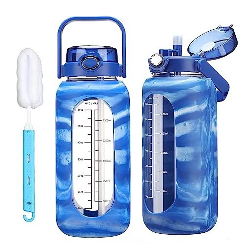 chunmo 64oz Glass Water Bolttles with Straw Half Gallon Large Motivational Water Bottle with Time Marker Sports Water Bottles with Silicone Sleeve and Handle Lid Water Jug for Gym Workout