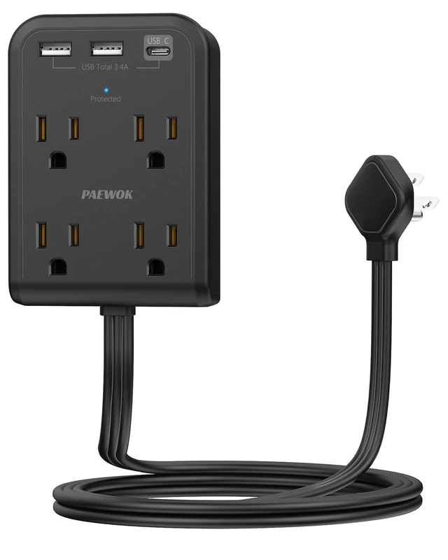 PAEWOK 4-Outlet Power Strip with 2 USB-A & USB-C, 4ft Cord - 350J Surge