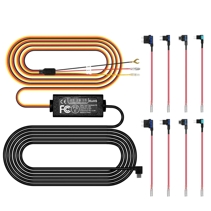 Pelsee Dash Cam Hardwire Kit, Type-C Full Set Hard Wire Kit Fuse, 12V-24V to 5V Dash Camera Car Charger Cable Kit, Low Voltage Protection, LED Indicator, Double-4 Fuse Cable and Installation Tool