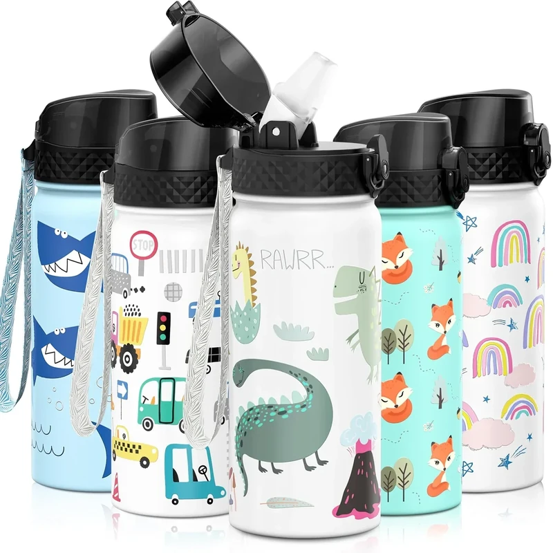 GOPPUS Kids Water Bottle (Straw Lid) - 18 Oz Stainless Steel Travel Bottle, Double Wall Vacuum Leak Proof Kids Cup for School Boys Girls,Dinosaurs