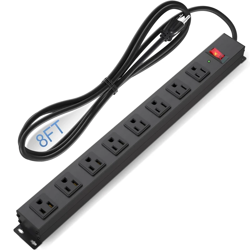 8 Outlet Power Strip Surge Protector, 8 Feet Metal Power Strip Heavy Duty with Switch for Home Office School Shop Garage, Wall Mount with Screw, 2100J 15A 125V 1875W, 14AWG, SGS Listed, Black