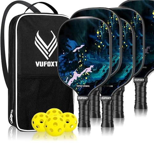 Pickleball Paddles Set of 5, USAPA Approved 99.99% Carbon Fiber Surface Pickleball Sets PP Honeycomb Core Pickleball Rackets, Lightweight Paddles with 4 Balls 1 Bag for Beginners Medium (Blue Waves)