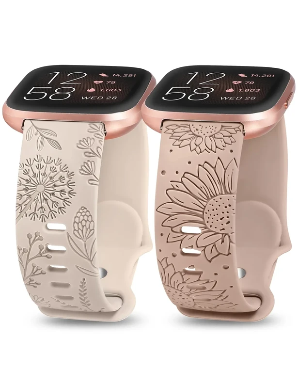 Minyee 2 Packs Floral Engraved Band Compatible with Fitbit Versa 2/Fitbit Versa/Versa Lite Bands Women, Cute Soft Silicone Sunflower Dandelion Sport Designer Fancy Summer Strap for Versa 2 Smart Watch