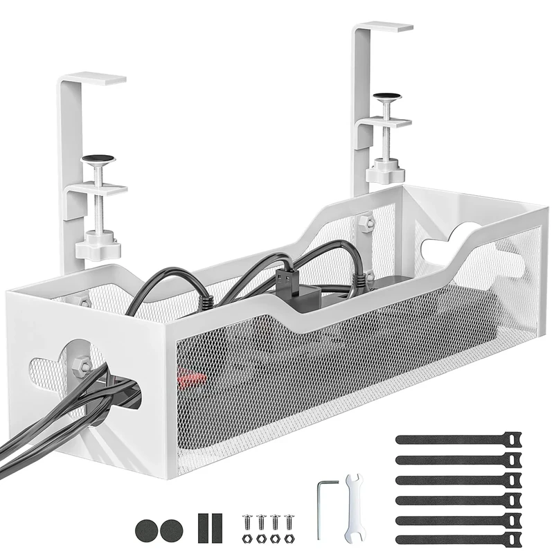 Under Desk Cable Management Tray White, Litwaro Cable Management Under Desk No Drill, Cable Organizer with Clamp for Wire Management, Cord Organizer for Office, Home No Damage to Desk