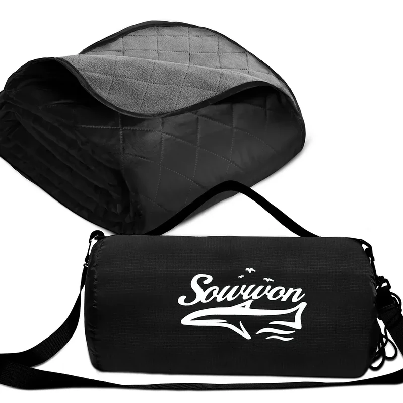 Waterproof Outdoor Blanket 82”X 55” Packable, Stadium Blankets for Camping with Fleece Lining, Large Windproof Emergency Throw Mat for Garss Picnic Hiking Road Trip, Machine Washable, Black 280GSM