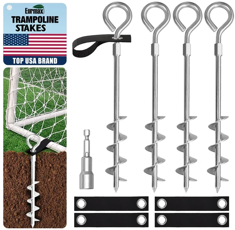 Eurmax USA Trampoline Stakes Screw in Tent Stakes Parts Heavy Duty for Canopies,4-Pack Outdoor Anchor Kit with Straps(Silver)