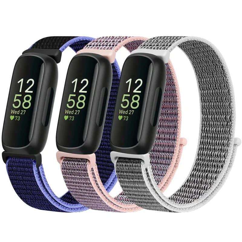 WNIPH Nylon Bands Compatible with Fitbit Inspire 3/2/HR/Ace 3/2, Breathable Sport Replacement Straps, Soft Adjustable Solo Loop, New Midnight Blue+Pink Sand+Seashell