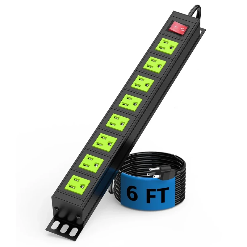 Metal 8 Outlet Mountable Power Strip, Wall Mount Outlet Heavy Duty, Commercial Shop Power Strip with Switch, 15A 125V 1875W, 300J (Green 6FT)