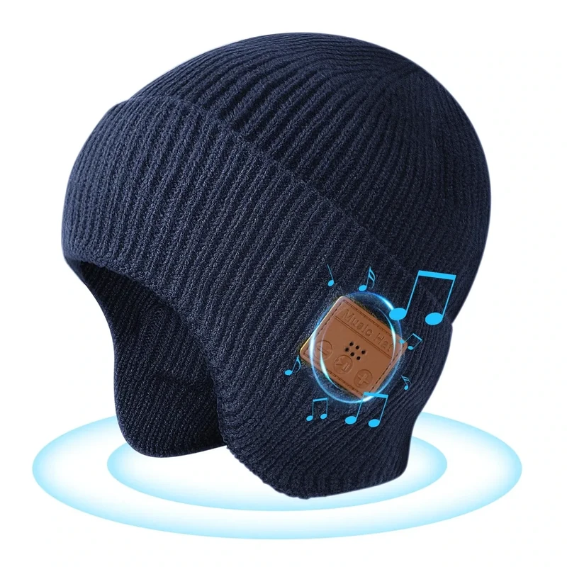 Bluetooth Beanie Hat with Headphones, Wireless Winter Hat Built-in Microphone and Stereo Speakers (Navy Blue)