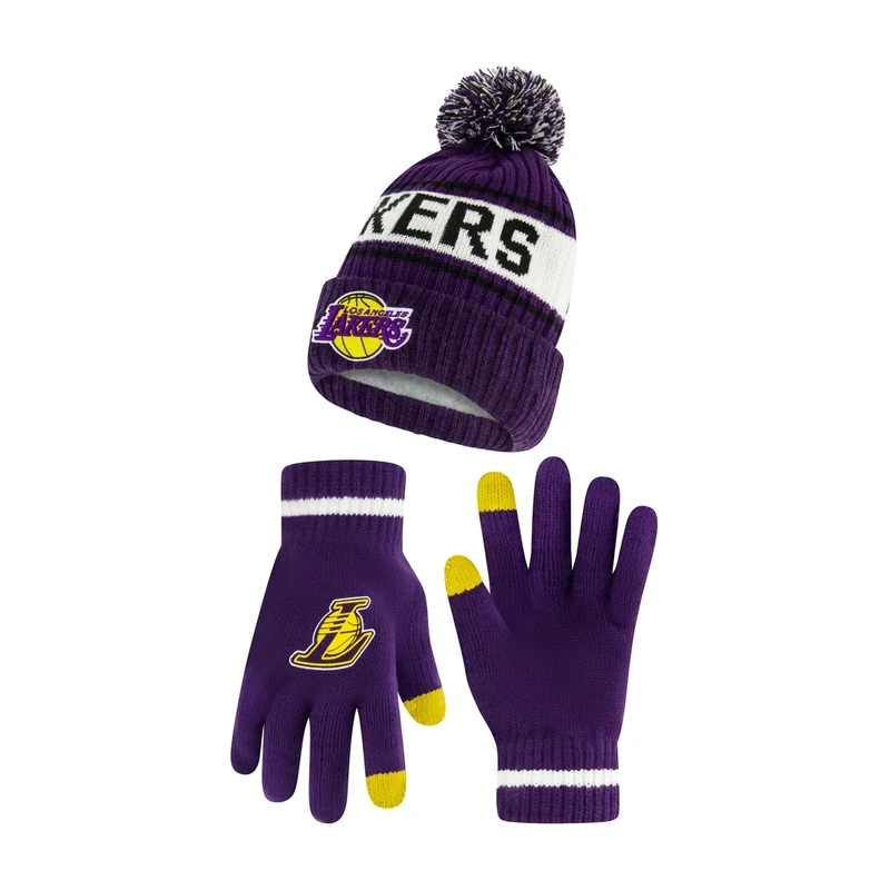 Ultra Game NBA Official Men’s Super Soft Winter Beanie Knit Hat with Extra Warm Touch Screen Gloves - Unisex, Los Angeles Lakers, Team Color, 1SIZE